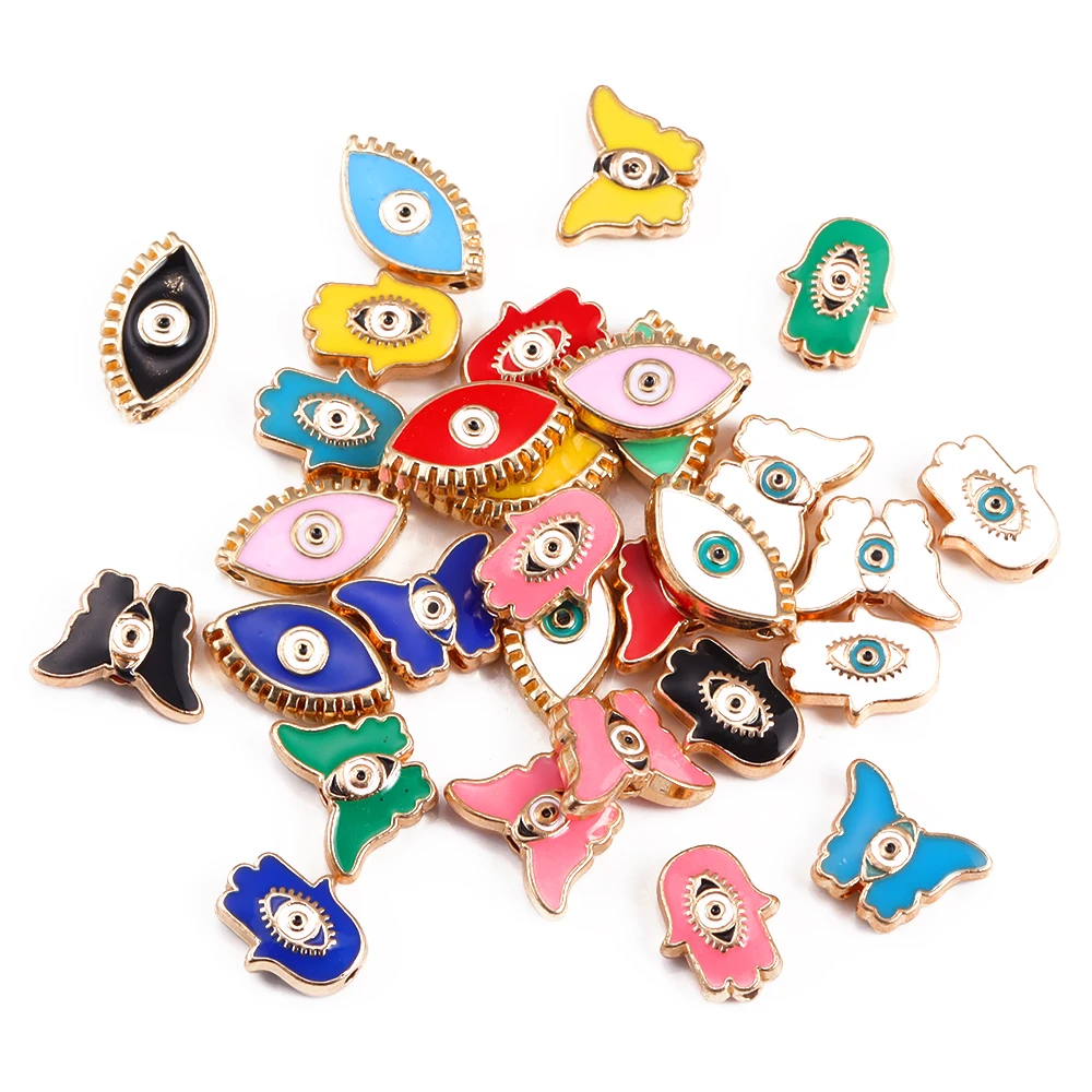 15Pcs Colorful Drop Oil Fatima Palm Butterfly Shape Demon Eye Space Bead Charm for Jewelry Making Bracelet Necklace Accessories