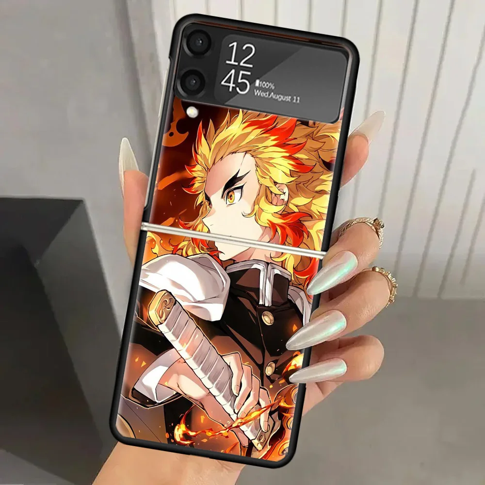 Demon Slayer Rengoku Kyoujurou Hard PC Phone Case For Samsung Galaxy Z Flip 6 5 4 3 Black Cover ZFlip6 Flip5 Flip4 5G Foldable P