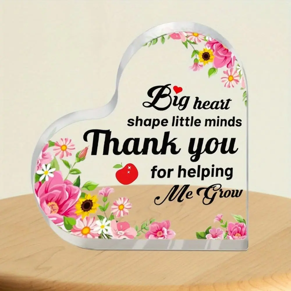 Thank You For Helping Me Grow Clear Heart Acrylic Sign, Mixed Spring Flower Desktop Ornament Blooming Floral Border Heart‑Shaped Acrylic Plaque, Sentimental Gratitude Present for Educator