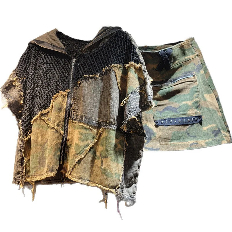 WTHT nueva moda mujer camuflaje empalmado malla con capucha manga corta Tops cintura alta A-line falda femenina 2025 verano 1LS1982
