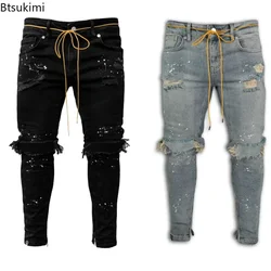 New 2026 Ripped Hole Jeans for Men Hip Hop Cargo Pant Distressed Denim Jeans Skinny Men Clothing Full Length Slim Trousers Male