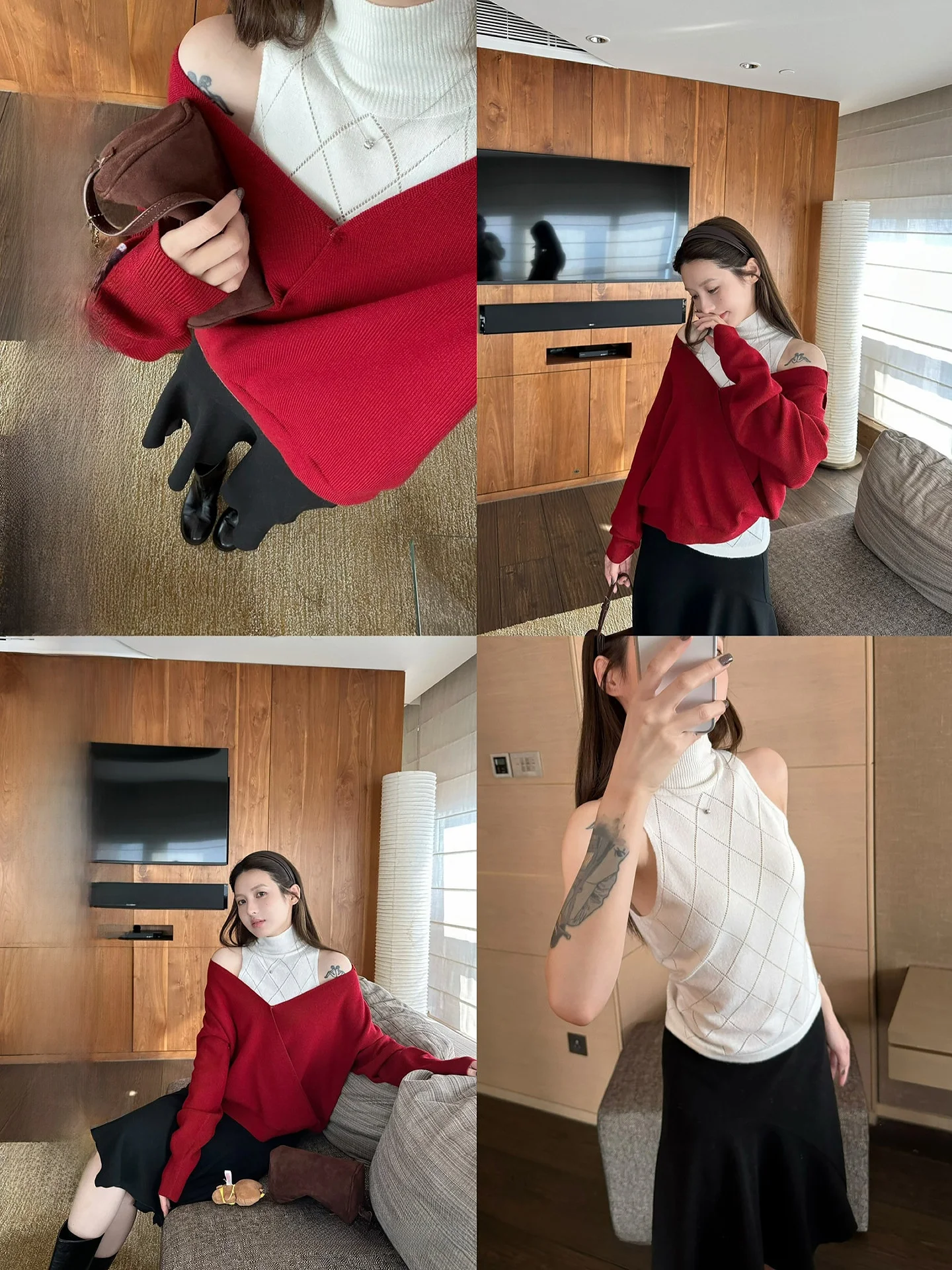 

Ningshi Lazy Loose Knitted V-neck Sweater Women Spring High-neck Sleeveless Hollow out Knitted Vest Set Relax Style