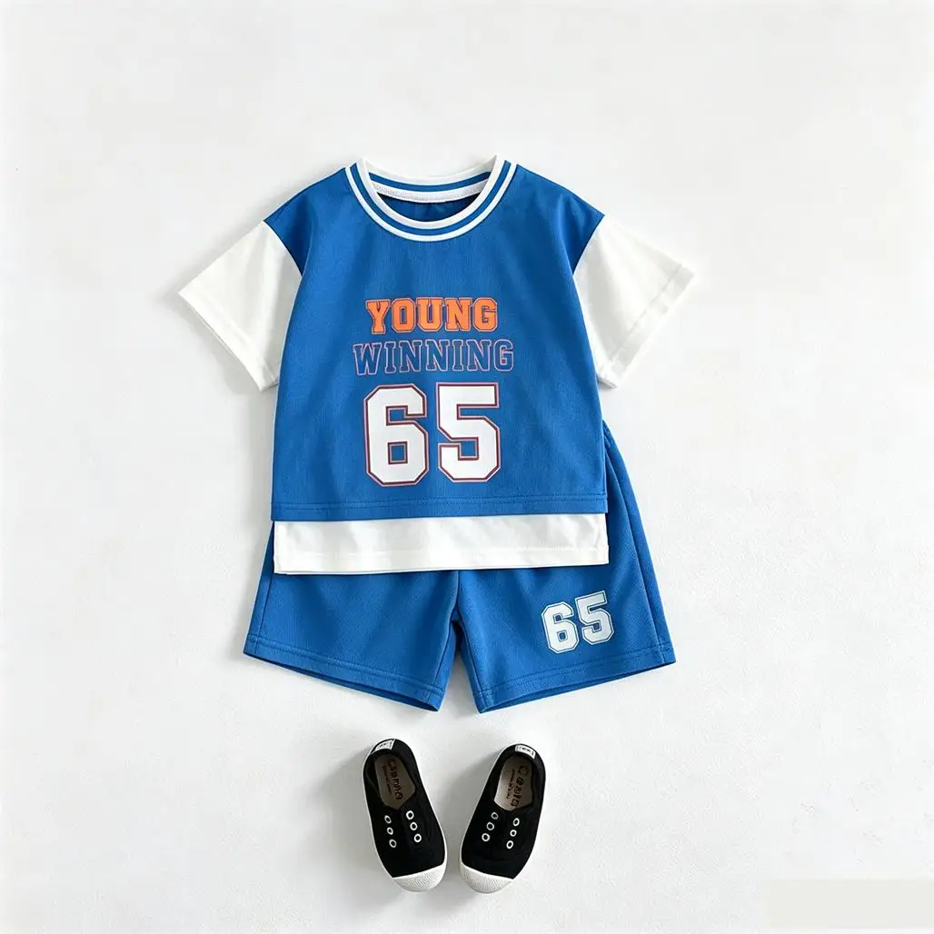 2026 Summer Child Sports Wear Short-sleeved Outfits Fashion Casual Clothing Round Neck TShirt+Shorts Kids New Two Piece Set