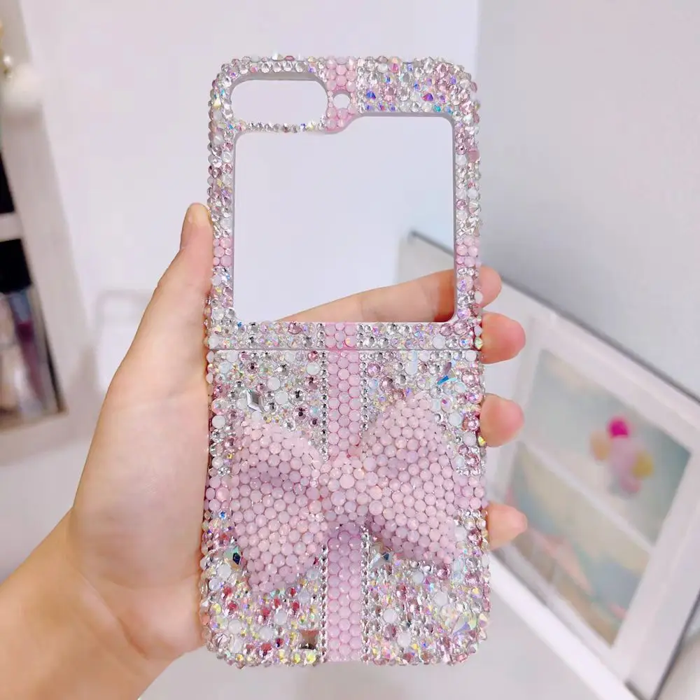 For Samsung Galaxy Z Flip 5 6 4 3 2 5G F7110 F7070 Luxury Rhinestones Crystal DIY Shinny Cute Pearl Bow Phone Case Cover