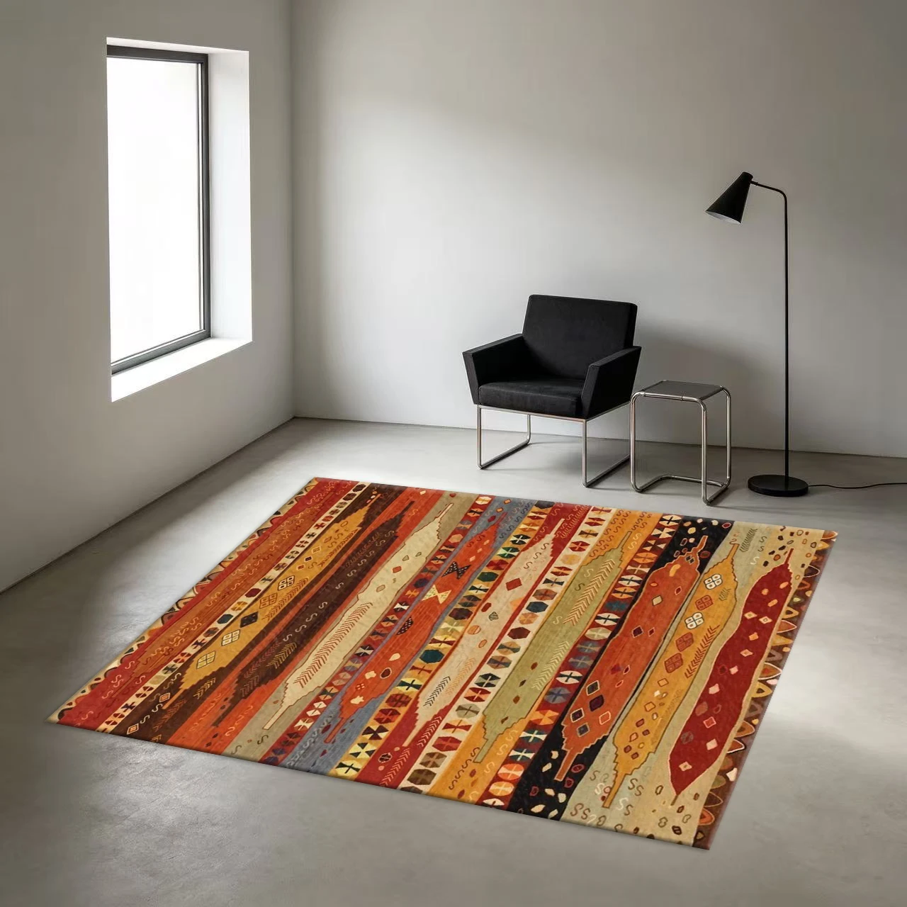 Vintage Kilim Geometric Striped Carpet Bohemian Retro Square Carpet Soft Decorative Rug Suitable for Living Room and Bedroom