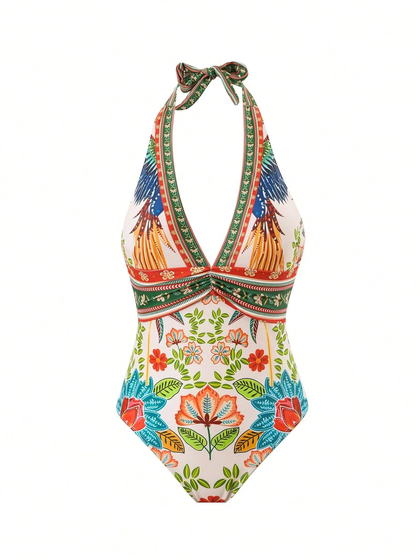

Printed Halter One-Piece Swimsuit With Mesh Skirt Boho Beach Set Women Summer Resort Wear