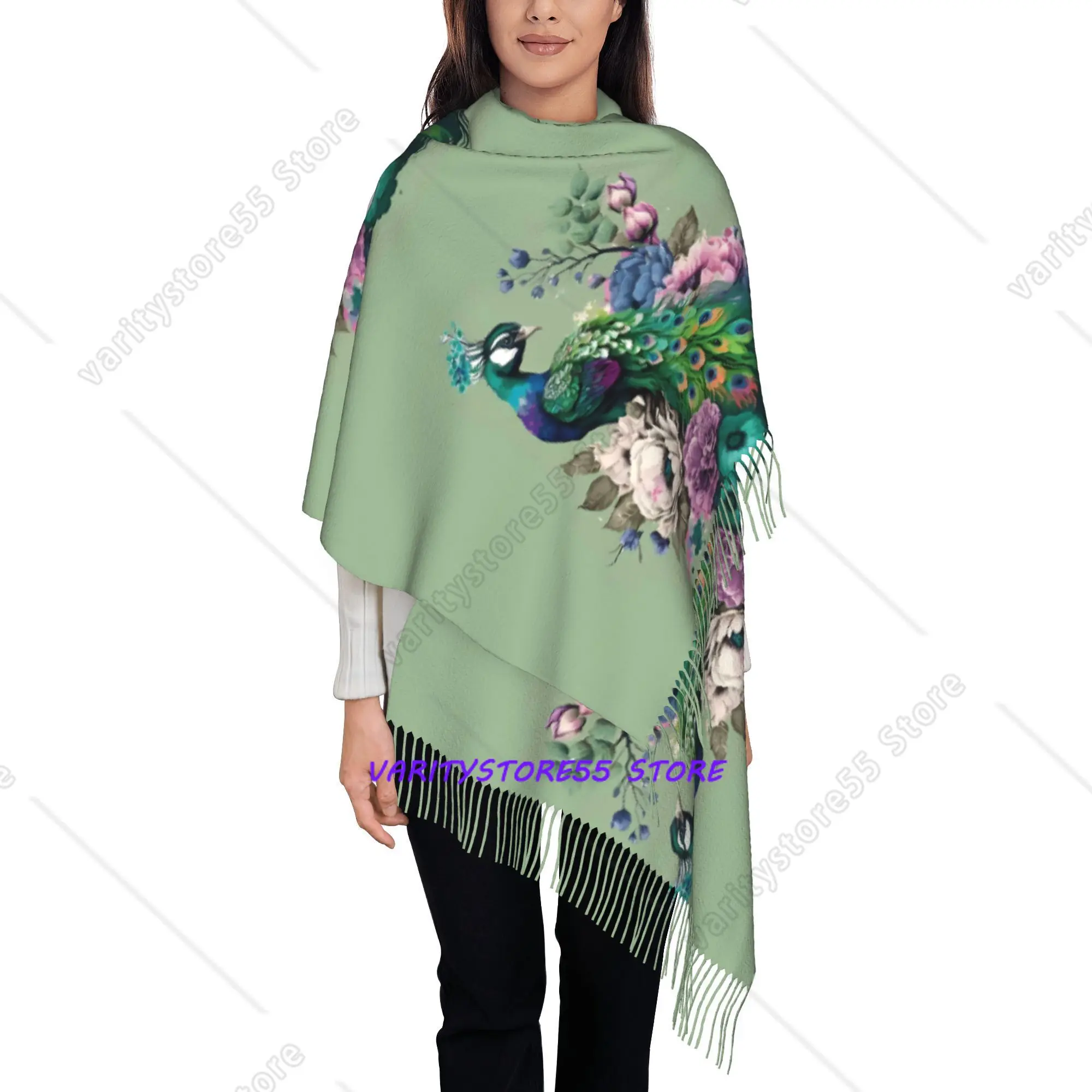 Vintage Floral Peacock Art Pattern Tassel Shawl, Elegant Lady Fashion Outer Cape Cover Up