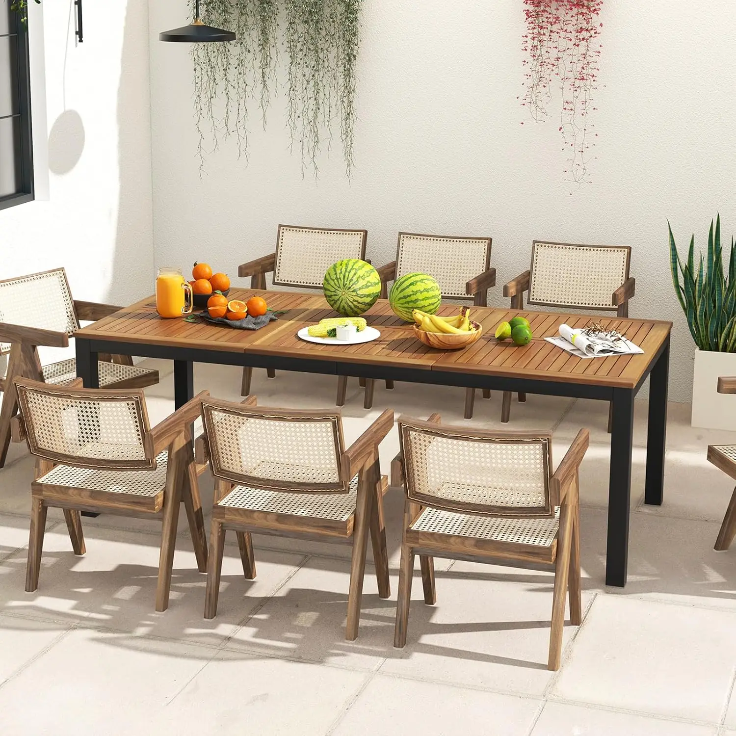 8-Person Outdoor Dining Table, 79 Inch Acacia Wood Patio Table with Umbrella Hole Metal Legs & Adjustable Foot Pads