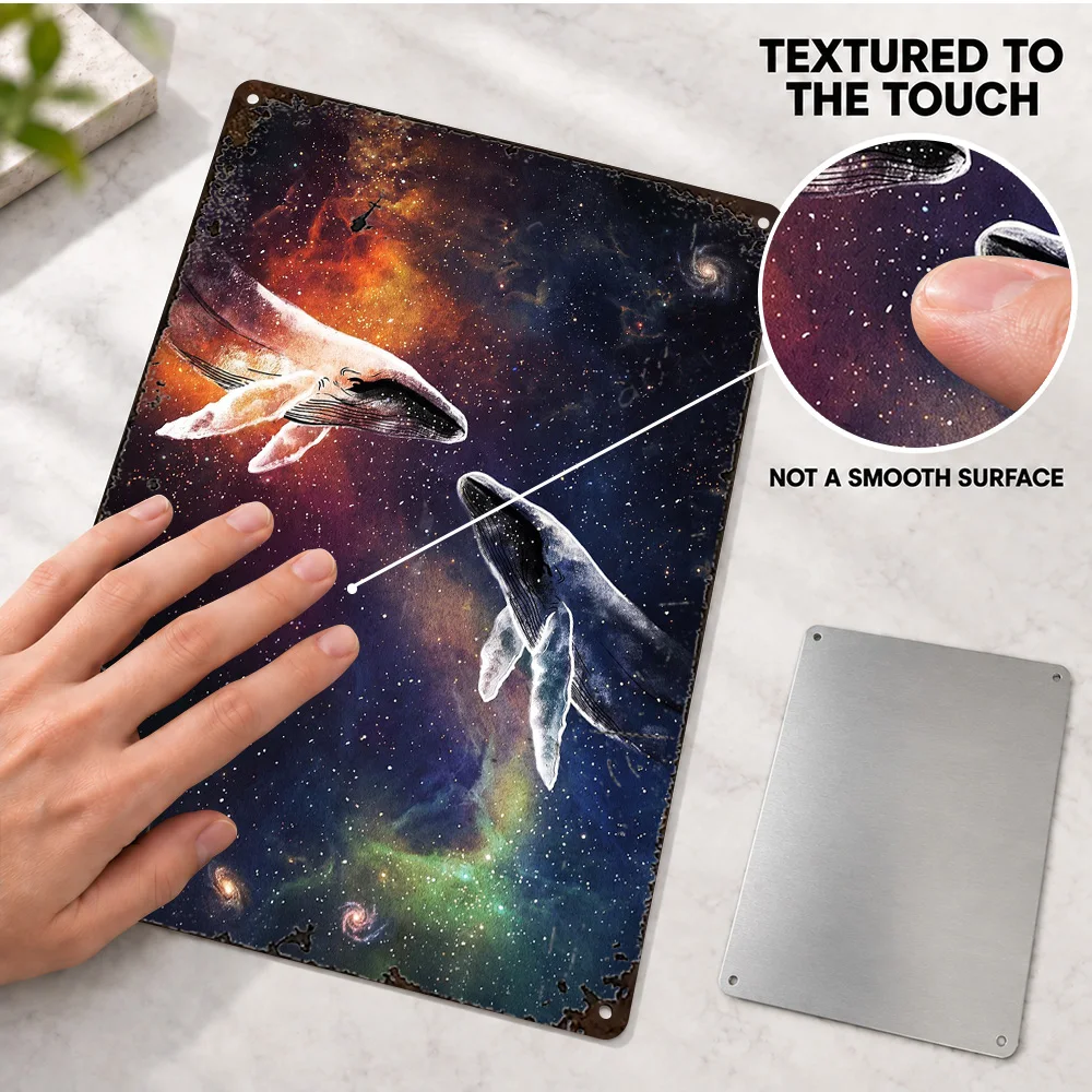 Two Whales Swimming In Deep Space Printed Poster Astronomy Graphic Bedroom Wall Art Customized Aluminum Metal Sign Unique Gift