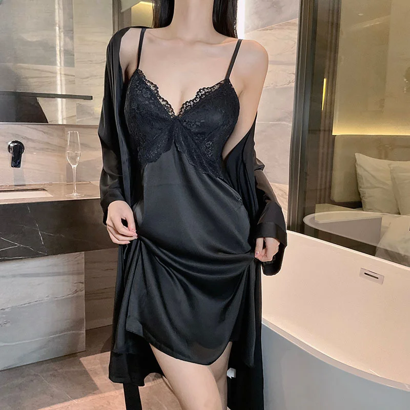 

2PCS Robe Gown Suit Loungewear Women Satin Lace Kimono Bathrobe Nightdress Sleep Set Summer Sleepwear Home Wear Lingerie