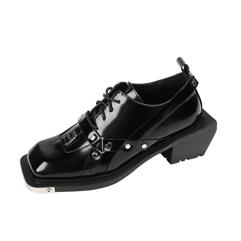 New  Black Lace-up Square Toe Derby Shoes for Women Punk Style Chunky Heel Formal Leather Shoes Women Pumps Zapatos Mujer