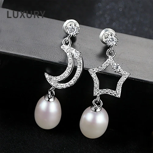 

Luxury100% 925 Sterling Silver 29*11mm Star Moon Pearl zircon Pendant Earrings For Women Sparkling Party Fine Jewelry Wholesale