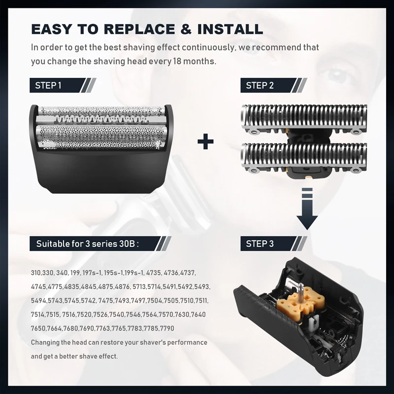 Pantalla de lámina de repuesto para afeitadora 30B + hoja para Braun Serie 3 Smartcontrol 5494 4835 197S 195S 4845