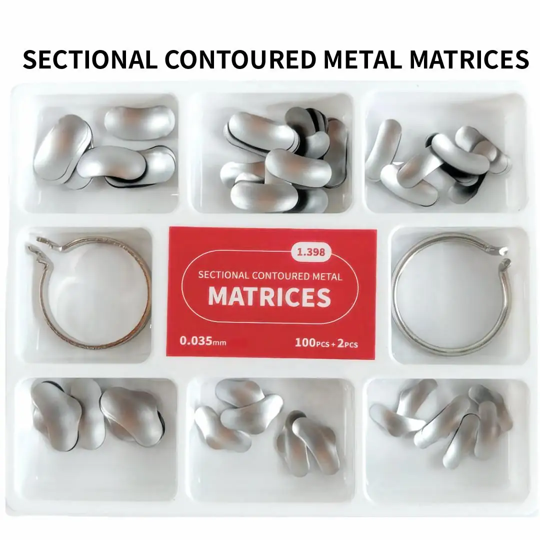 100pcs Dental Sectional Matrix System 1.398 Matrices Kits with 2 Metal Clamp Rings or Bands Refills 0.035mm Thickness for Dentis
