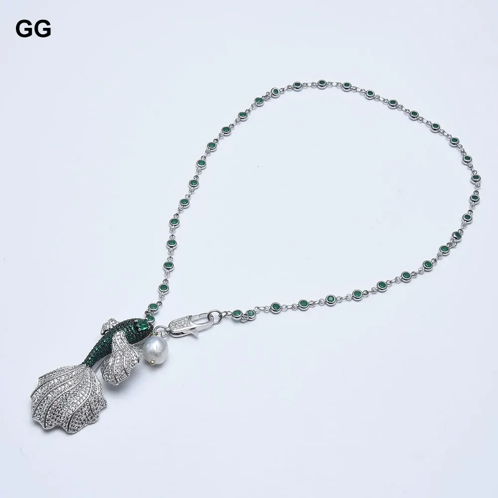 Imagem -02 - Gg-colar de Pérolas Keshi Branco Natural para Mulheres Pingente de Zircônia Verde Corrente de Peixe Micro cz Pave Broche Pingente para Meninas