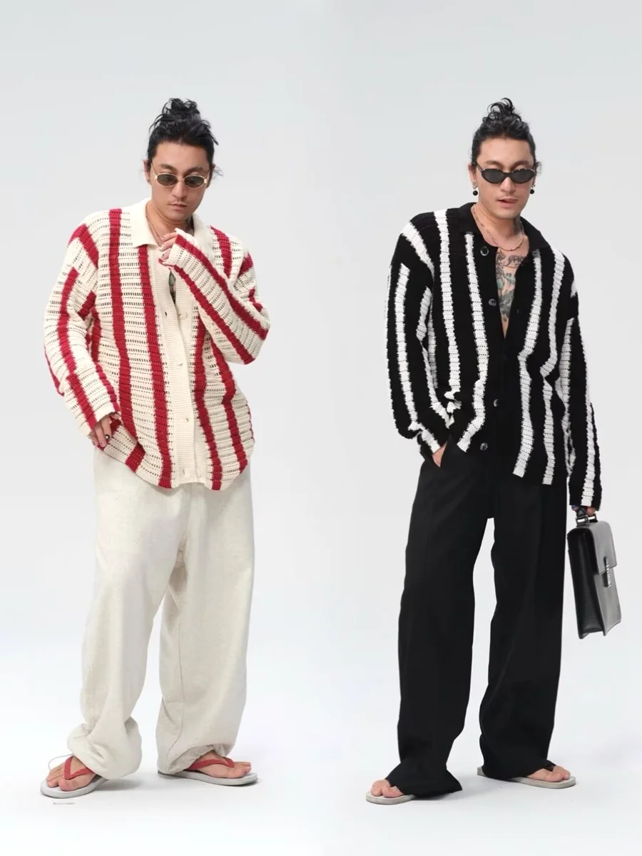 Elegant Loose Knitted Cardigan Men's Sweater Hollow out Striped Design Sexy See through Color Block Long Sleeve Autumn Top