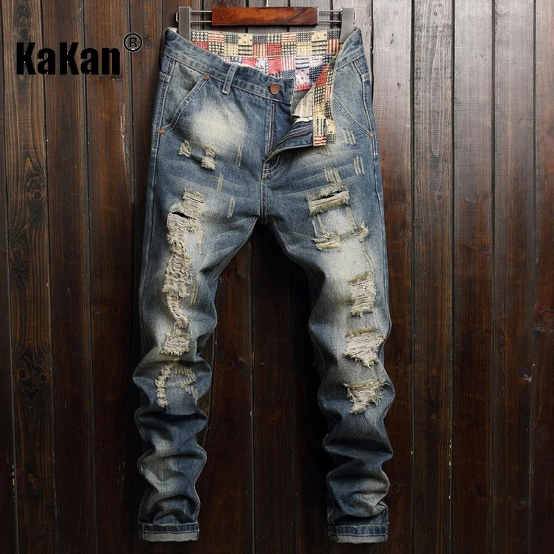 Kakan - New Men's Big Hole Jeans, Y2k Fashion Trend Personalized Straight Leg Slim Fit Long Jeans Summer Denim Pants