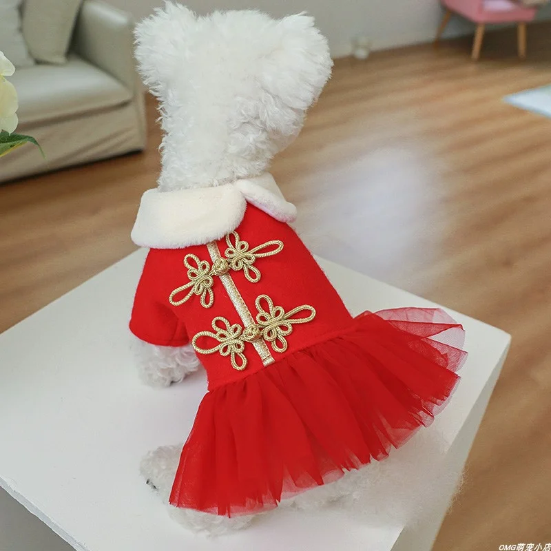 1PC Pet Cat Clothing Autumn Winter Thickened New Year Red Chinese Style Princess Dress Suitable for Small and Medium sized Dogs