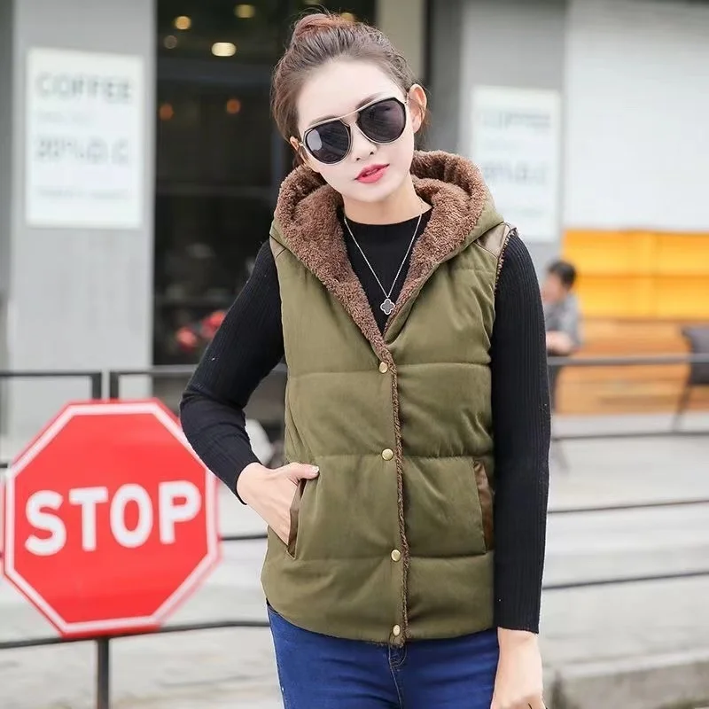 

Women Vest Jacket Plus Velvet Thickening Coat Autumn Winter New Coral Fleece Short Vest Women Hooded Jacket Mujer 2023