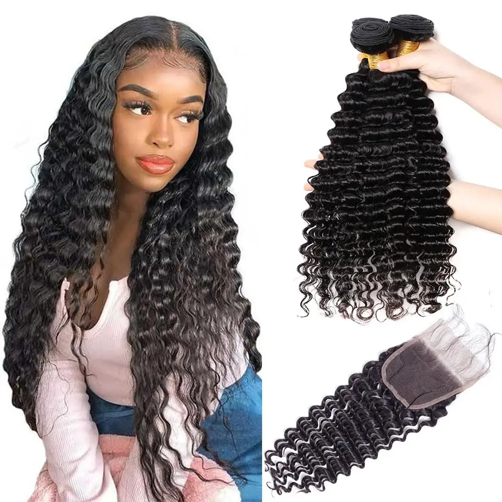 Ulrica Deep Wave Bundles Human Hair With Closure 5x5 HD Lace Closure Free Part Deep Curly Human Hair Bundles 100% Natural Color