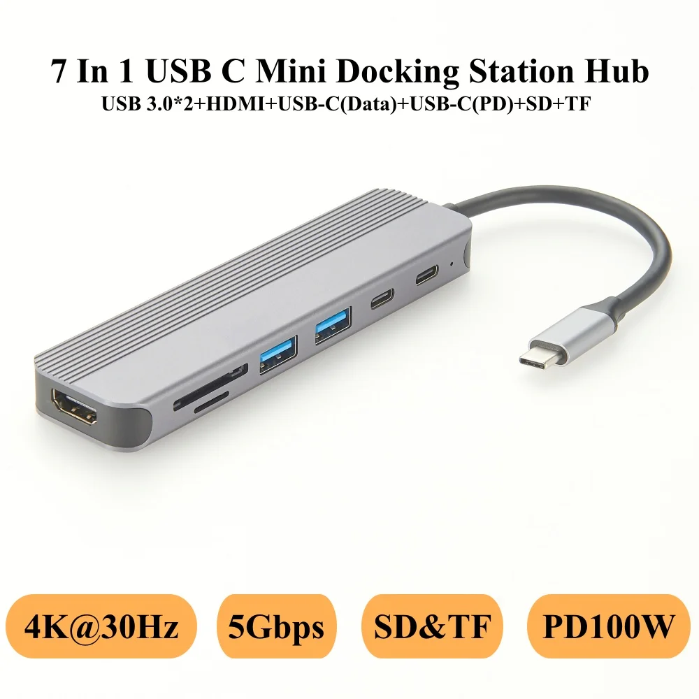 USB C Hub 7 In 1 MultiPort Adapter with 4K HDMI, 100WPD, 5Gbps USB-C, 2 USB 3.0 Ports, SD/TF Card Reader, USB-C Docking Station