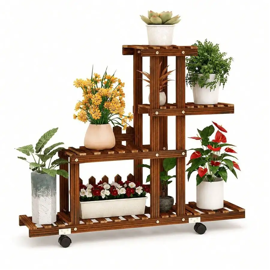 4-Tier Wooden Plant Stand With Wheels, Rolling Multi-Tier Plant Shelf With Lockable Casters, Space-Saving Flower Pot Holder Disp