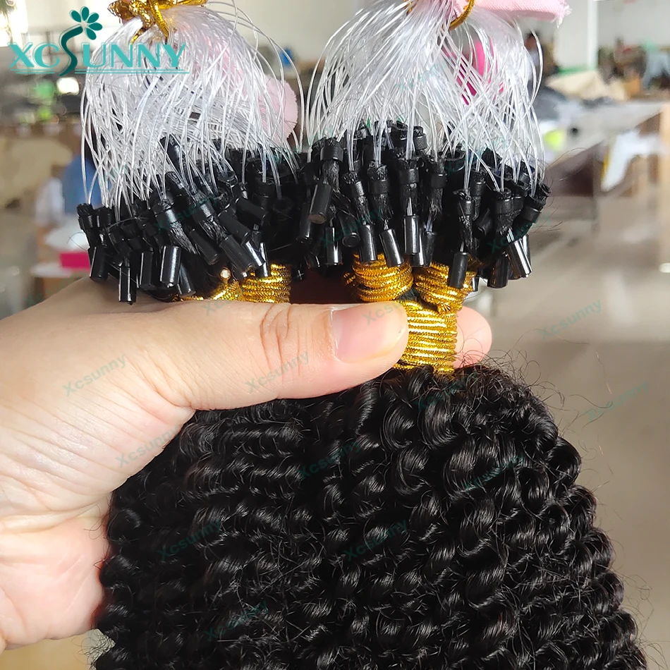 Extensiones de cabello humano rizado para mujeres negras, microeslabones rizados, anillo de bucle de doble dibujado birmano