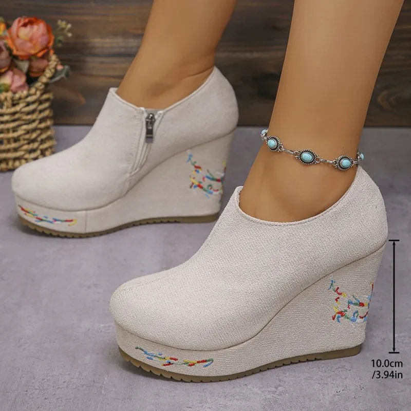 Spring Autumn 2026 New Embroidery Design Women's High Heel Lolita Shoes Fashionable Solid Zipper Wedge Casual Women Single Shoes