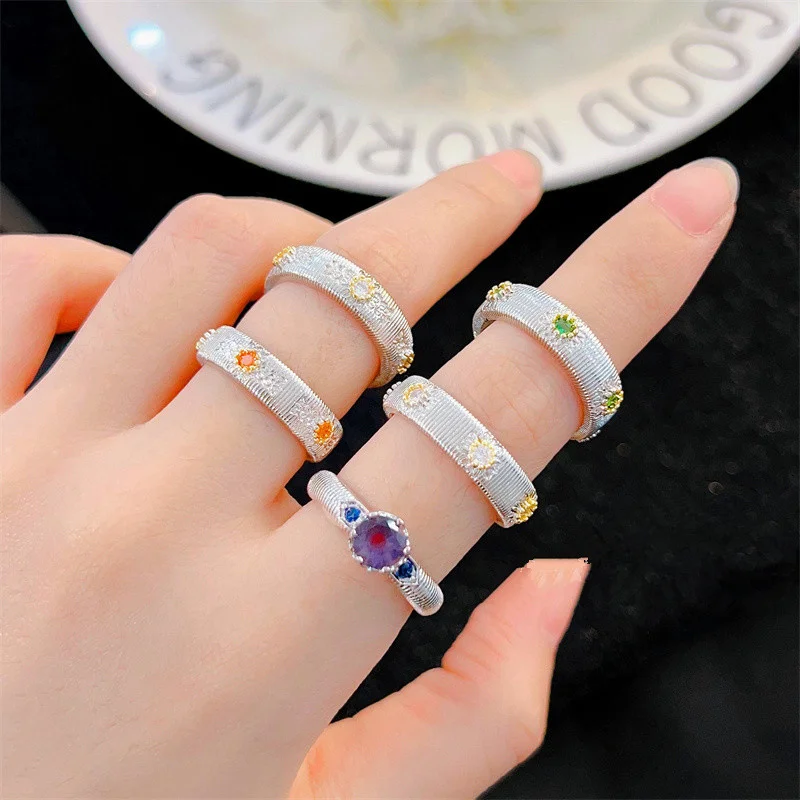 Linen Weave Pattern Carved Gold Daisy Ring Female Finger Accessories Popular Silver 925 Ring Adjustable Women Jewelry