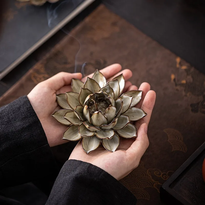 Creative Handmade Lotus Flower Insert Line Incense Burner Home Indoor Tea Room Ceramic Ornament Aromatherapy Accessories Base