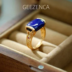 GEEZENCA S925 Silver Gold Plated Natural Lapis Lazuli Open Ring For Women Zircon Big Gemstone Classic Luxury Rings 2023 New Gift