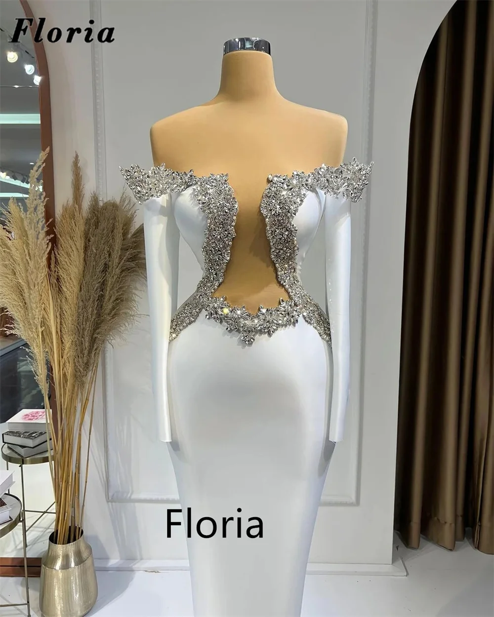 Floria Elegant Off Shoulder Evening Dresses Dubai Arabic Mermaid Long Prom Gowns Pageant Beading Crystal Wedding Party Dresses