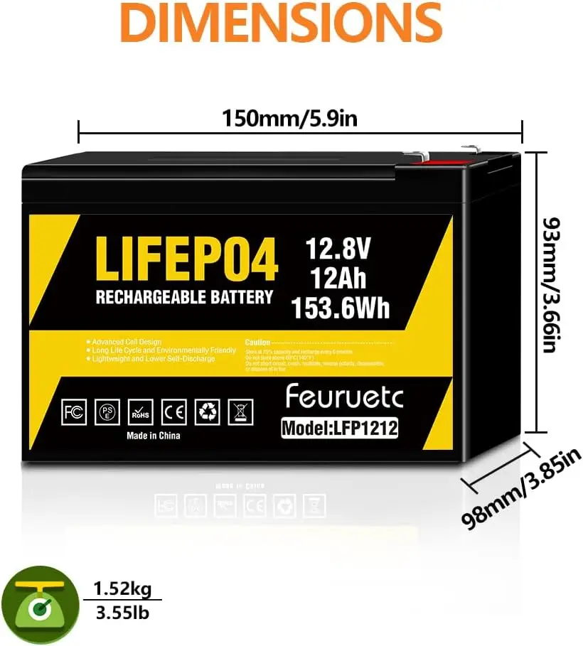 LiFePo4充電式リチウム電池、ビルトインbms、おもちゃ、スクーター、12v、12ah、2000サイクル、1-2個に適しています