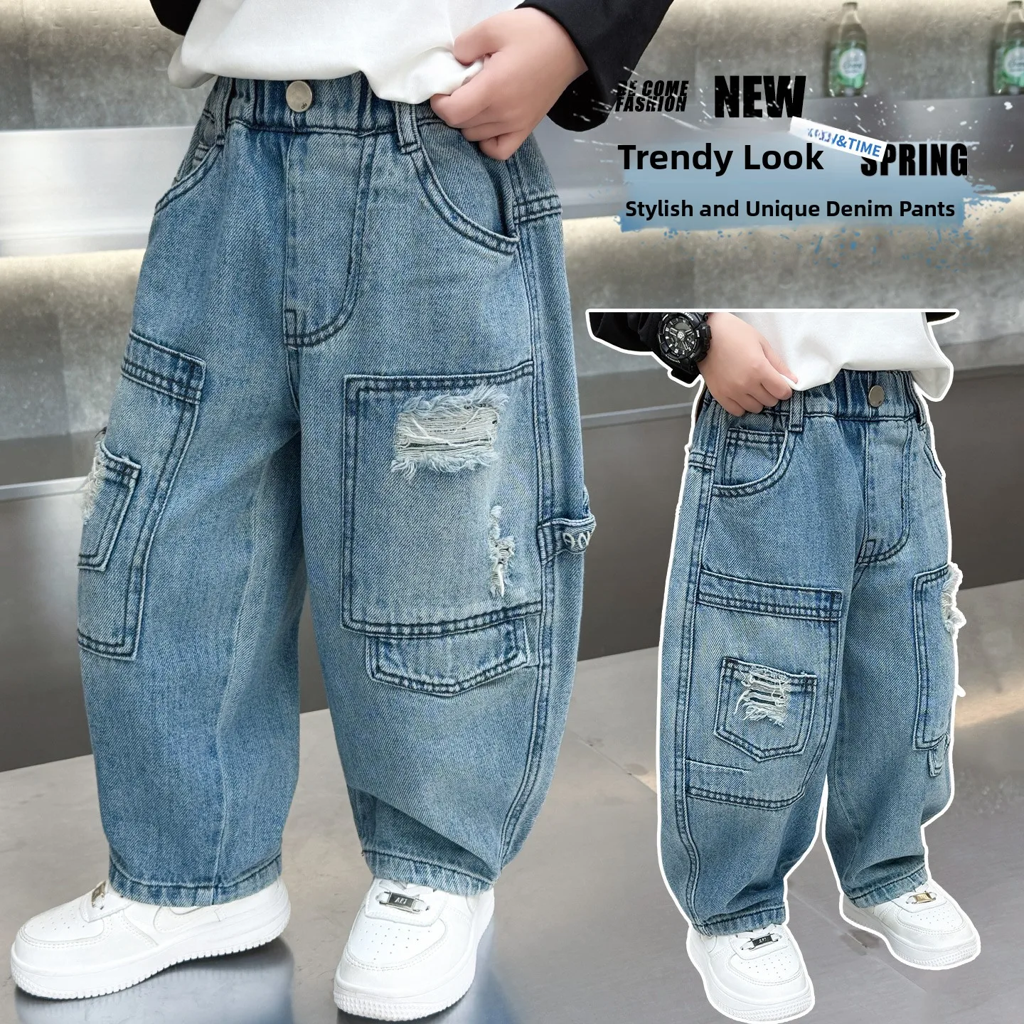 

Cool Trendy Boys Spring Autumn Casual Style Jeans Hole Punching Spring Collection Comfortable Fit Long Pants for 3 Year Old Kids