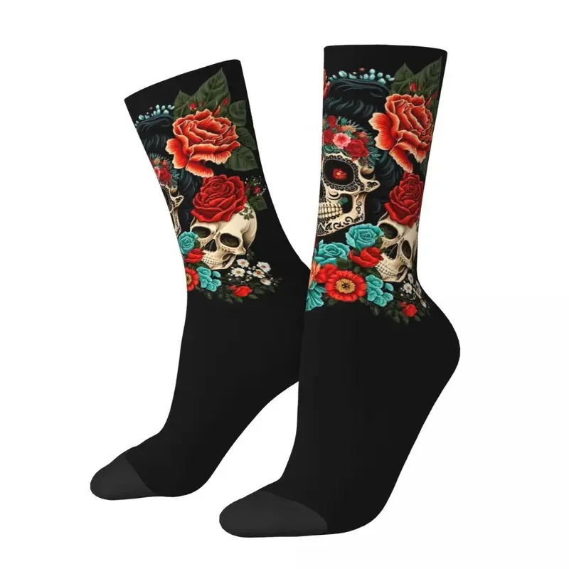 

Y2K Autumn Winter Colorful Unisex Frida Mexican Artist Flowers Skull Breathable Basketball Socks