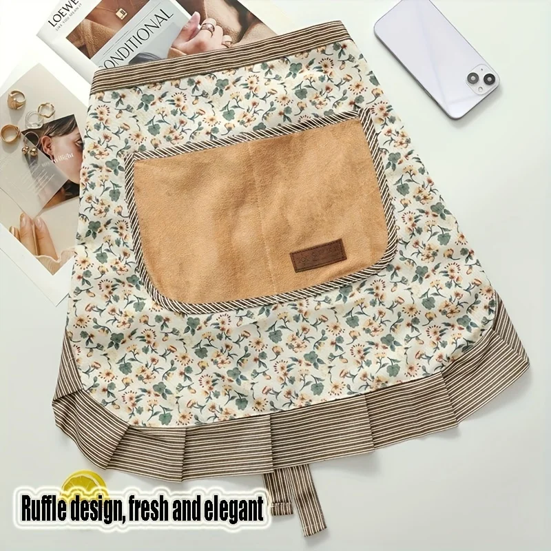 Canvas Flower Half-length Apron Female Kitchen Household Work Clothes Anti-fouling Wear-resistant Cooking Half-waist Apron