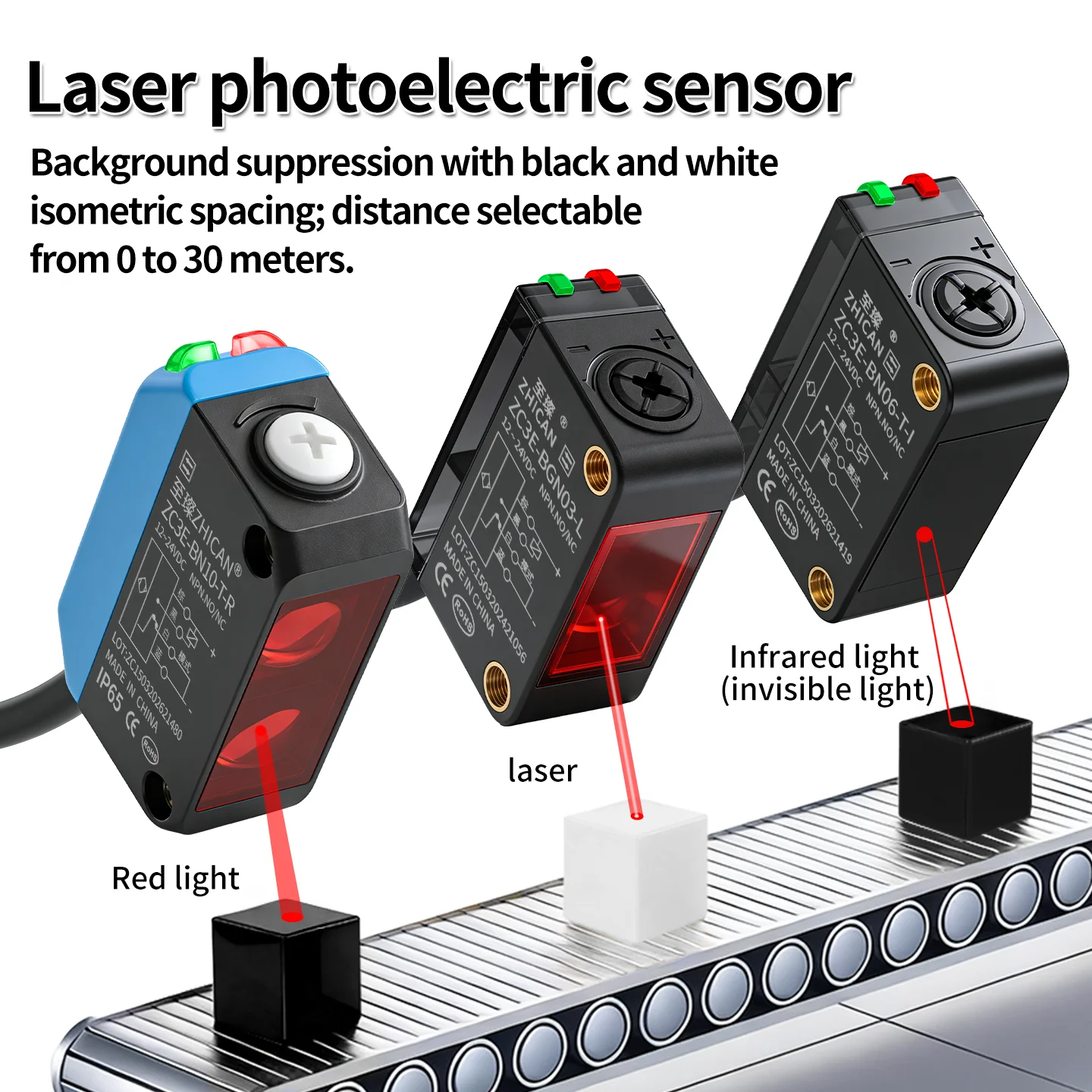 Czujnik fotoelektryczny laserowy ZHICAN ZC3E z tłumieniem tła, regulowanym zasięgiem i wykrywaniem obiektów.