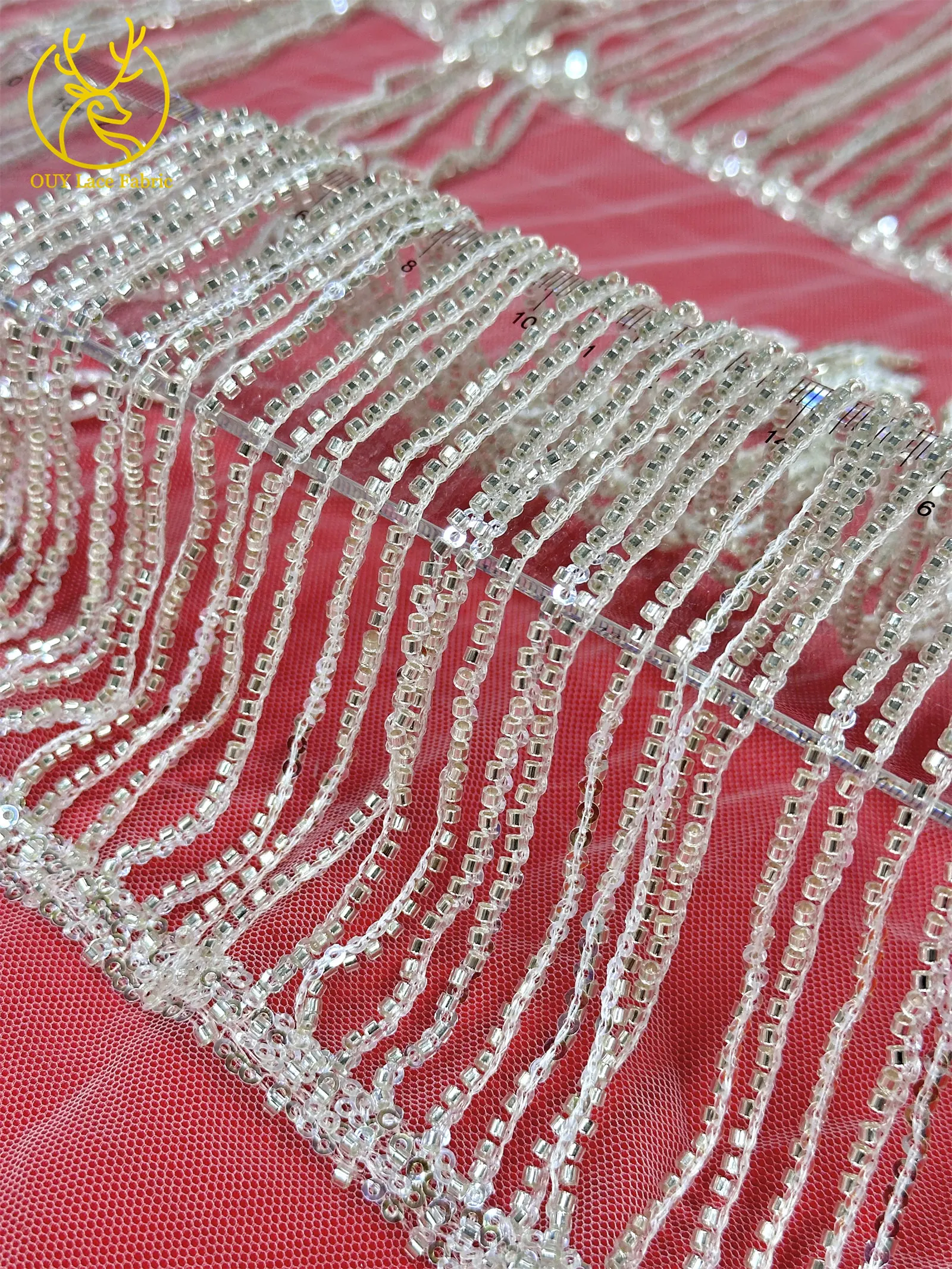Weinroter nigerianischer 3D-Quasten-Perlen-Spitzenstoff, französischer Pailletten-Tüll-Spitzenstoff, afrikanischer Spitzenstoff für Damen, Hochzeitskleid, Nähen – Detail 11
