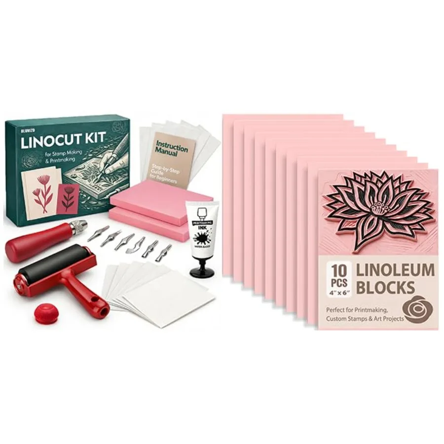 

Linocut Tools Block Printing Kit: Stamp Carving Printmaking Kit Supplies with Ink 12 Rubber Blocks Brayer Linoleum Cutters Trac