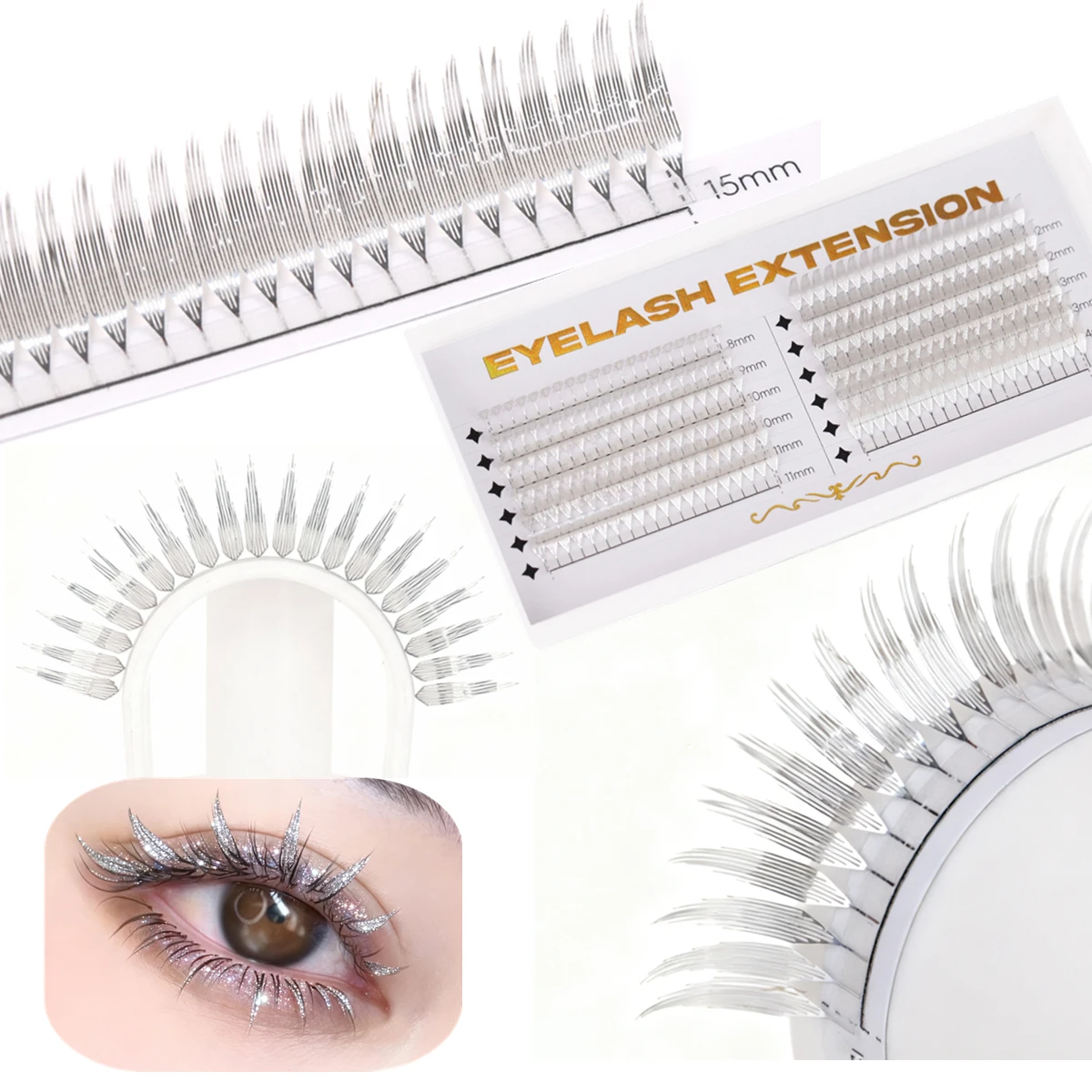 RUJADE Glitter Aurora Silver White Red Green Blue Golden Color Anime Eyelash Comic Spire Feather Premade Fan Lash Extensions