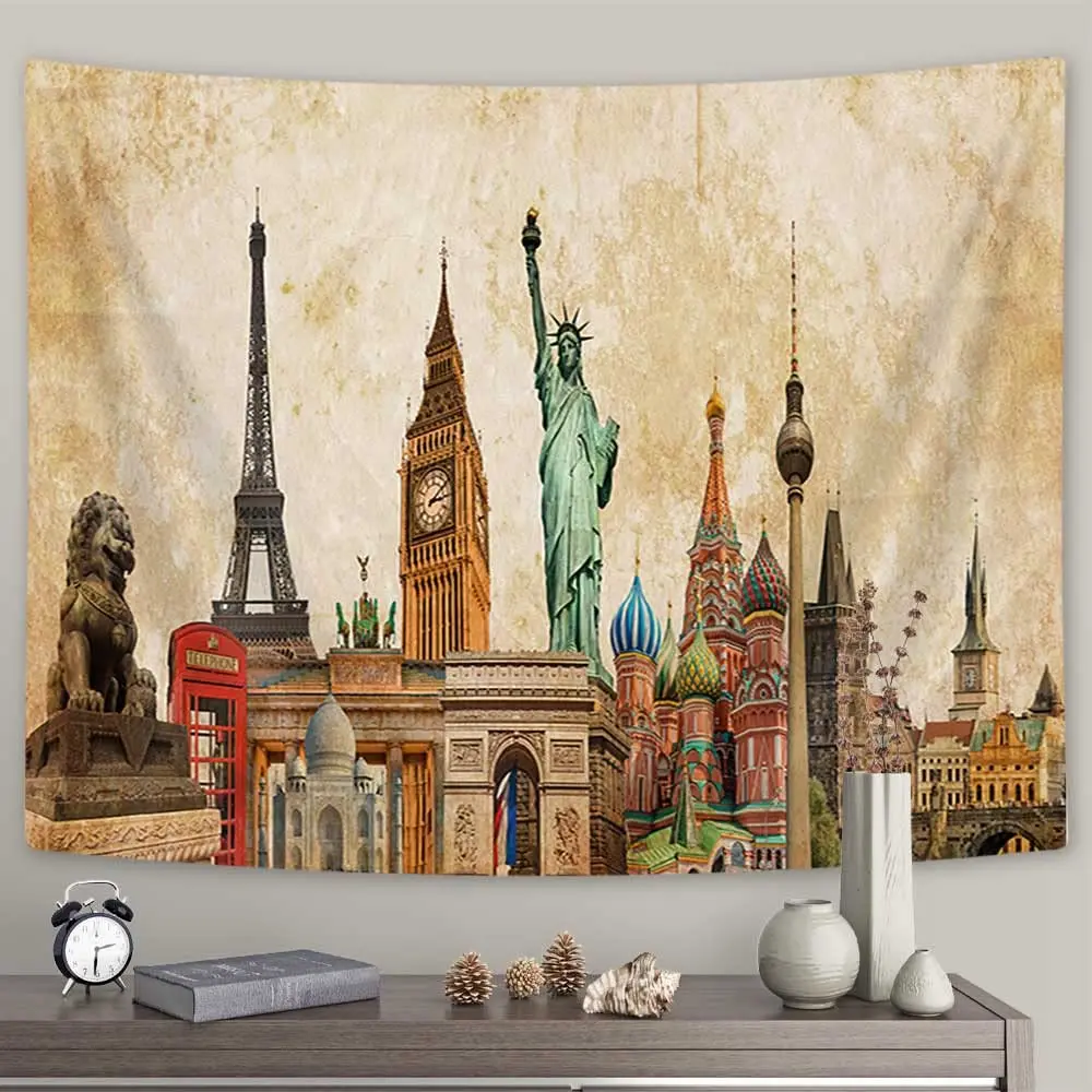 Travel Tapestry,Landmarks of The World 7 Wonders Europe Asia and America Abstract Map Wall Hanging for Bedroom Living Room Dorm