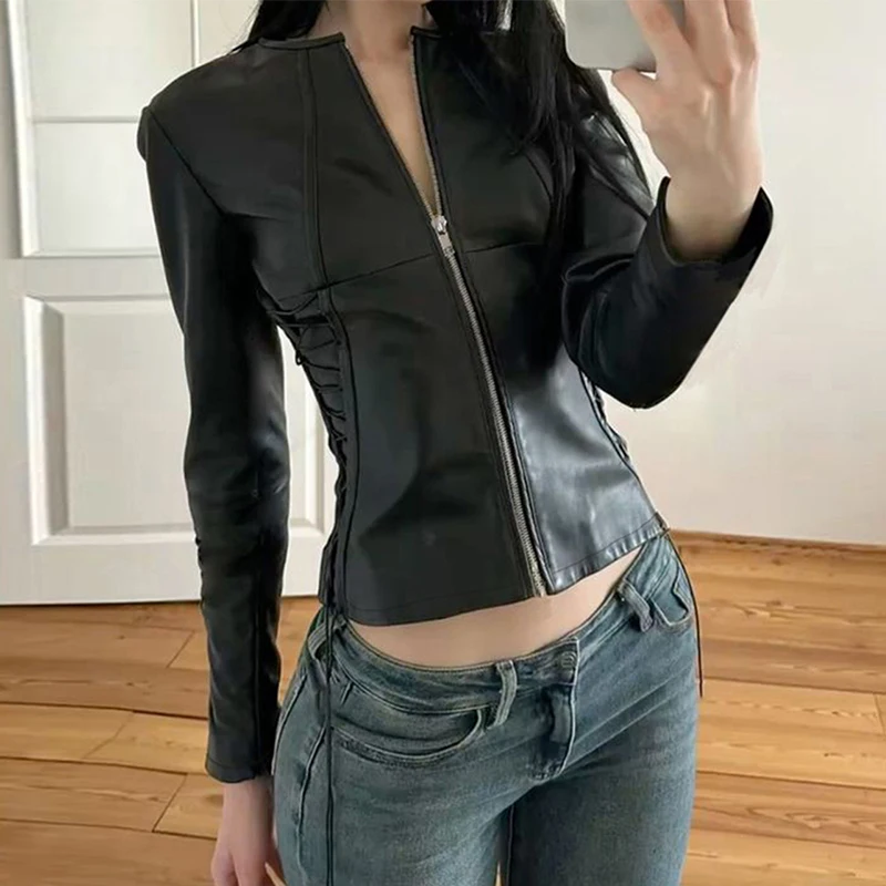 

Basic Pu Leather Jackets Slim-Fitting Black Zipper-Up Long Sleeve Coats Women 2025 Autumn Winter Y2K Edgy Streetwear Outerwear