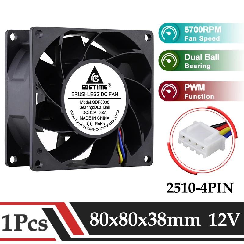 

1Pcs Gdstime 80MM Fan DC 12V Fan 80x80x38MM Brushless Cooling Fan 8CM Axial Fan 8038 Dual Ball Bearing With PWM Cooler Fan