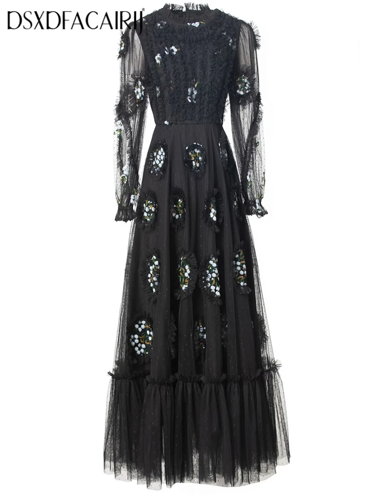 

DSXDFACAIRIJ Women's Sequin Mesh Long Dress O-Neck Lantern Sleeve Ruffles Black Vintage Fashion Spring Female