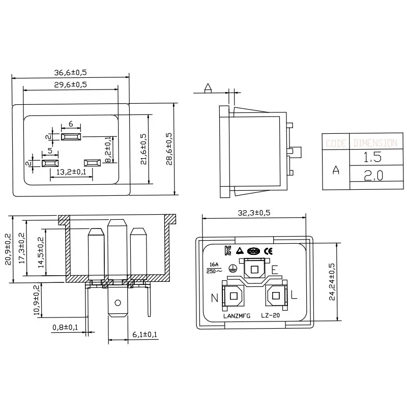 LZ-20-2 Card type Pin 16A High power medical device chassis cabinet power socket safety certification