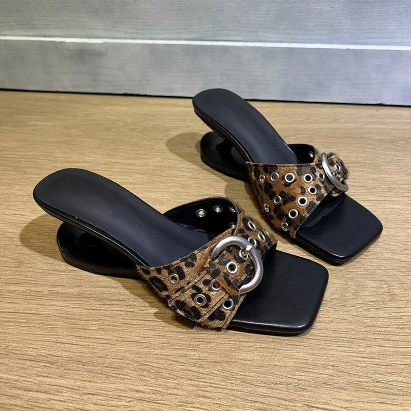 

Designer Women Leopard Slippers Square Toe Sandals High Heels Shoes 2026 Summer Dress Pumps Slingback Flip Flops Slides Mujer