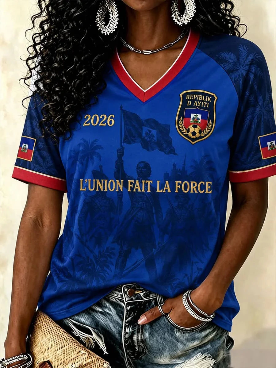 2026 New Women Haiti National Emblem T Shirt Red Blue Short Sleeve O Neck Casual Loose Haitian Flag Day  Summer Daily Tops Tees
