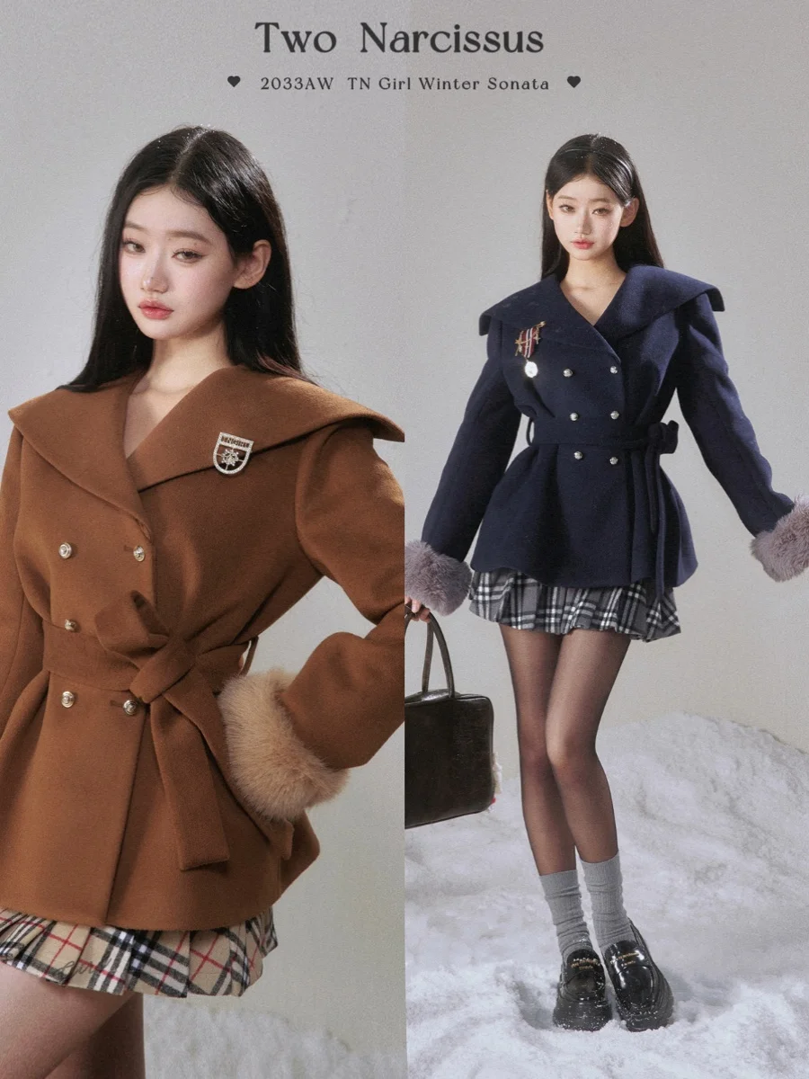 

Корейский модный комплект одежды 2023 года: летний наряд с матросской курткой и плиссированной юбкой, с завышенной талией, из хлопково-шерстяной смеси, комплект из двух предметов