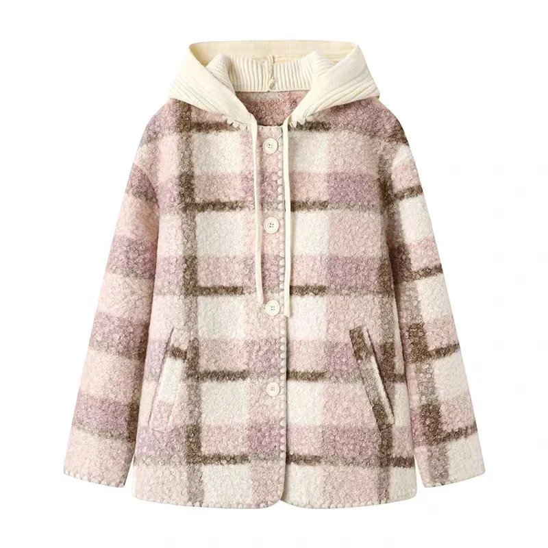 

Vintage Plaid Pink Fleece Jacket Tops Harajuku Loose Casual Drawstring Outerwear New Coats And Jackets Woman Winter Clothing
