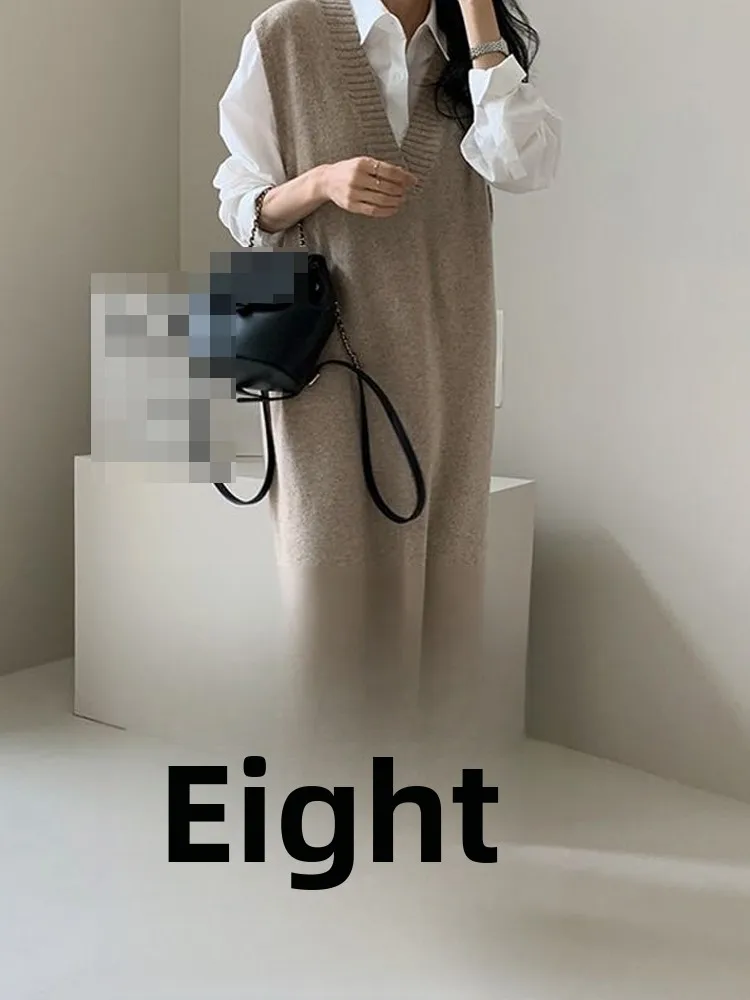 Vestido Tricotado Sem Mangas em Estilo Coreano com Decote em V para Mulheres, Vestido Solto em Camadas para Outono e Inverno,...